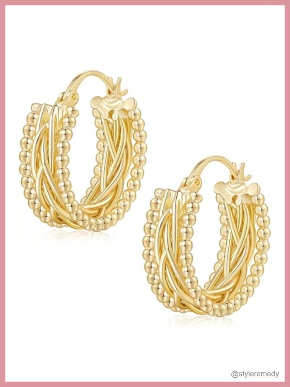 14K Gold Plated Hoop Earrings Beaded Weave Women